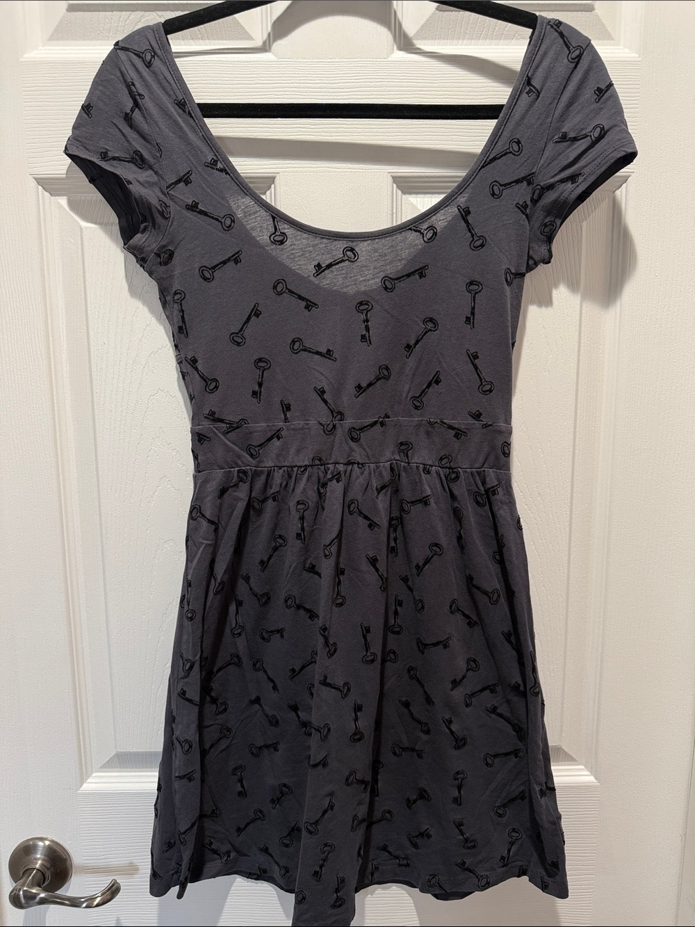 Scoop-Neck Mini Dress in Gray with Key Print